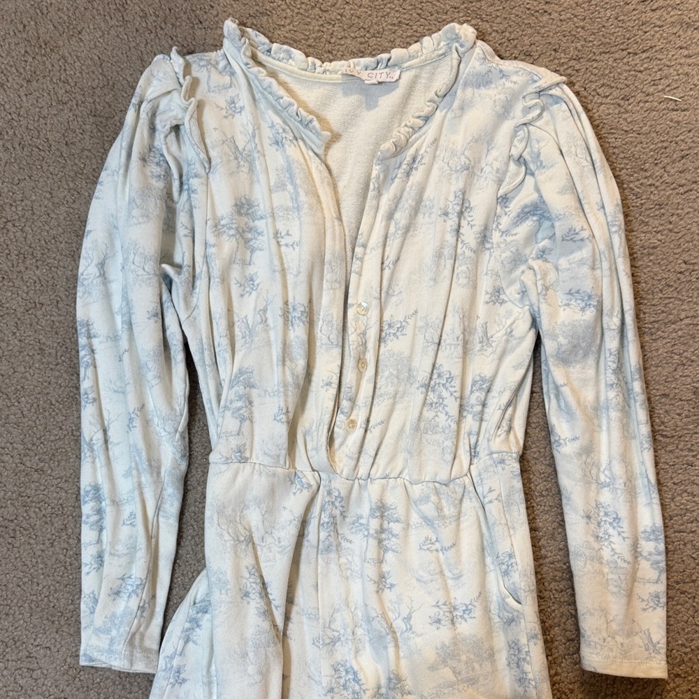 Ivy City Co Pajama/Loungewear Jumpsuit! Blue and White Valencia Pattern
